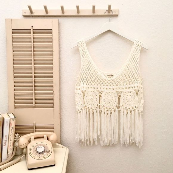 Boho Crochet Knit Cream Festival Tank Fringe Trim, Sexy Cute Hippie - Picture 2 of 8